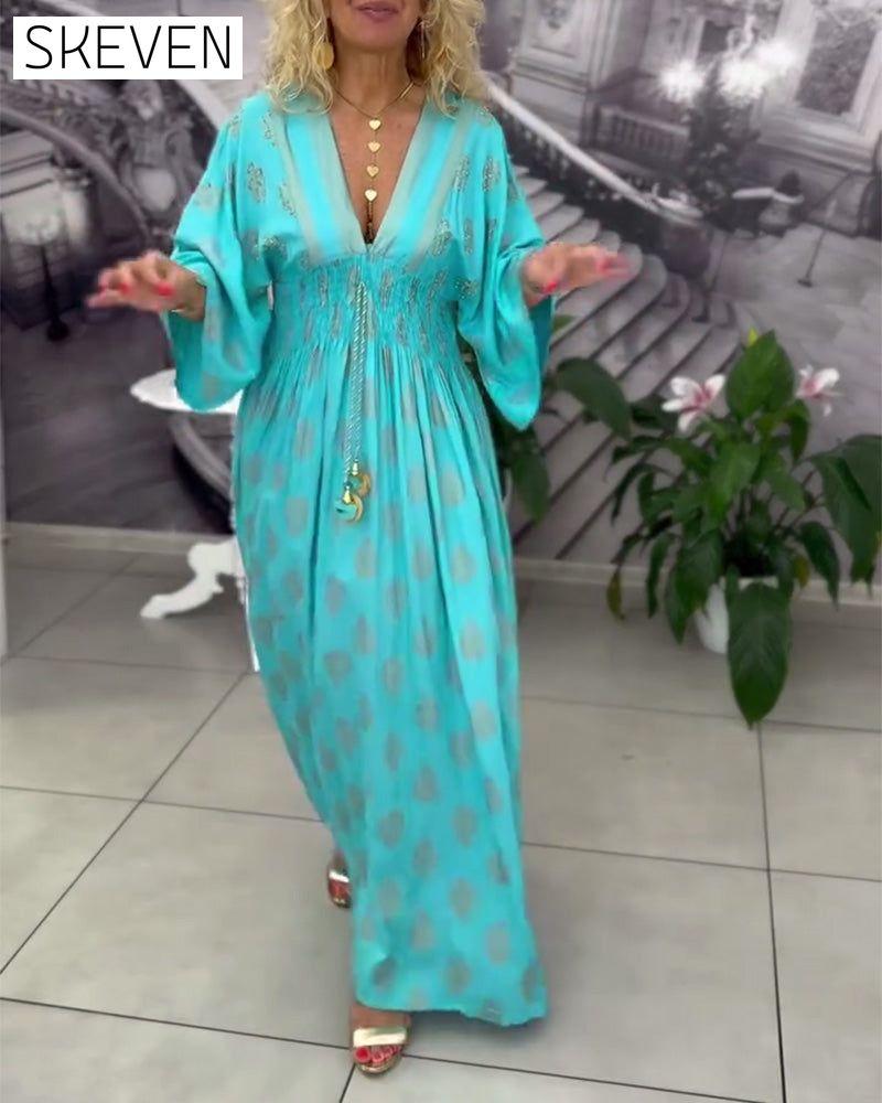 Loose Holiday Print Waist Maxi Dress
