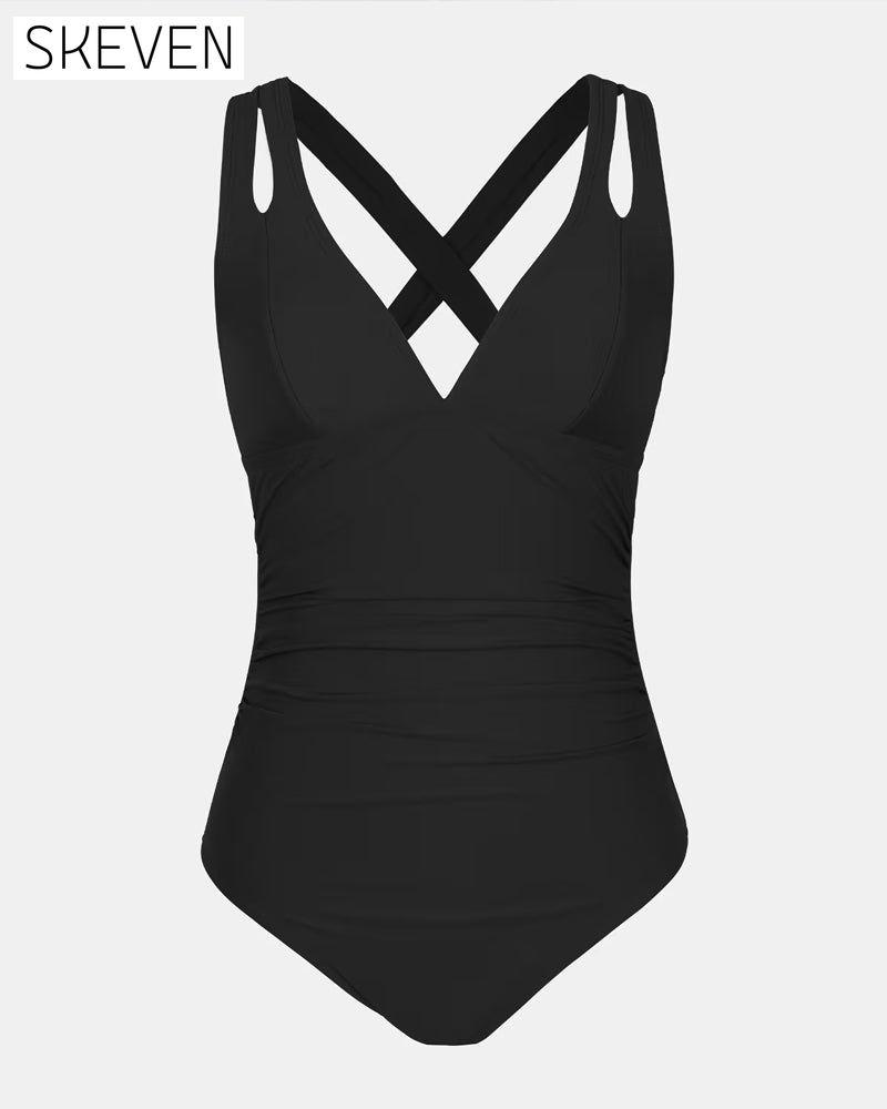 Solid color suspender one-piece swimsuit