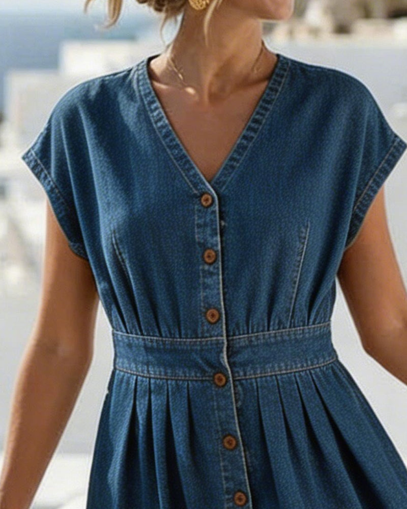 V-Neck Cinched Waist Solid Color Dress
