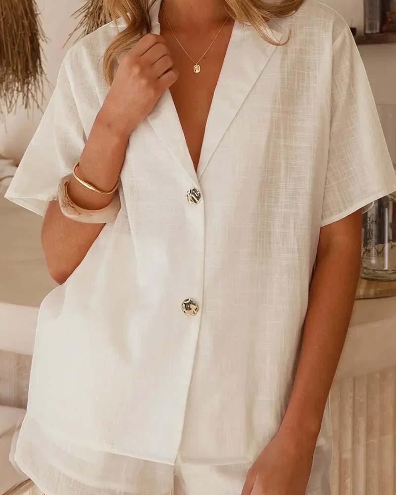 V-Neck Buttoned Casual Set