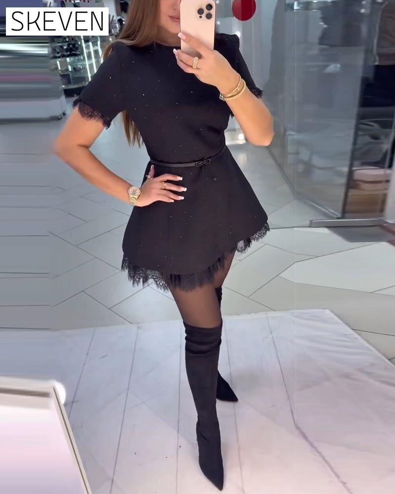Sparkling Lace Short-Sleeve A-Line Dress
