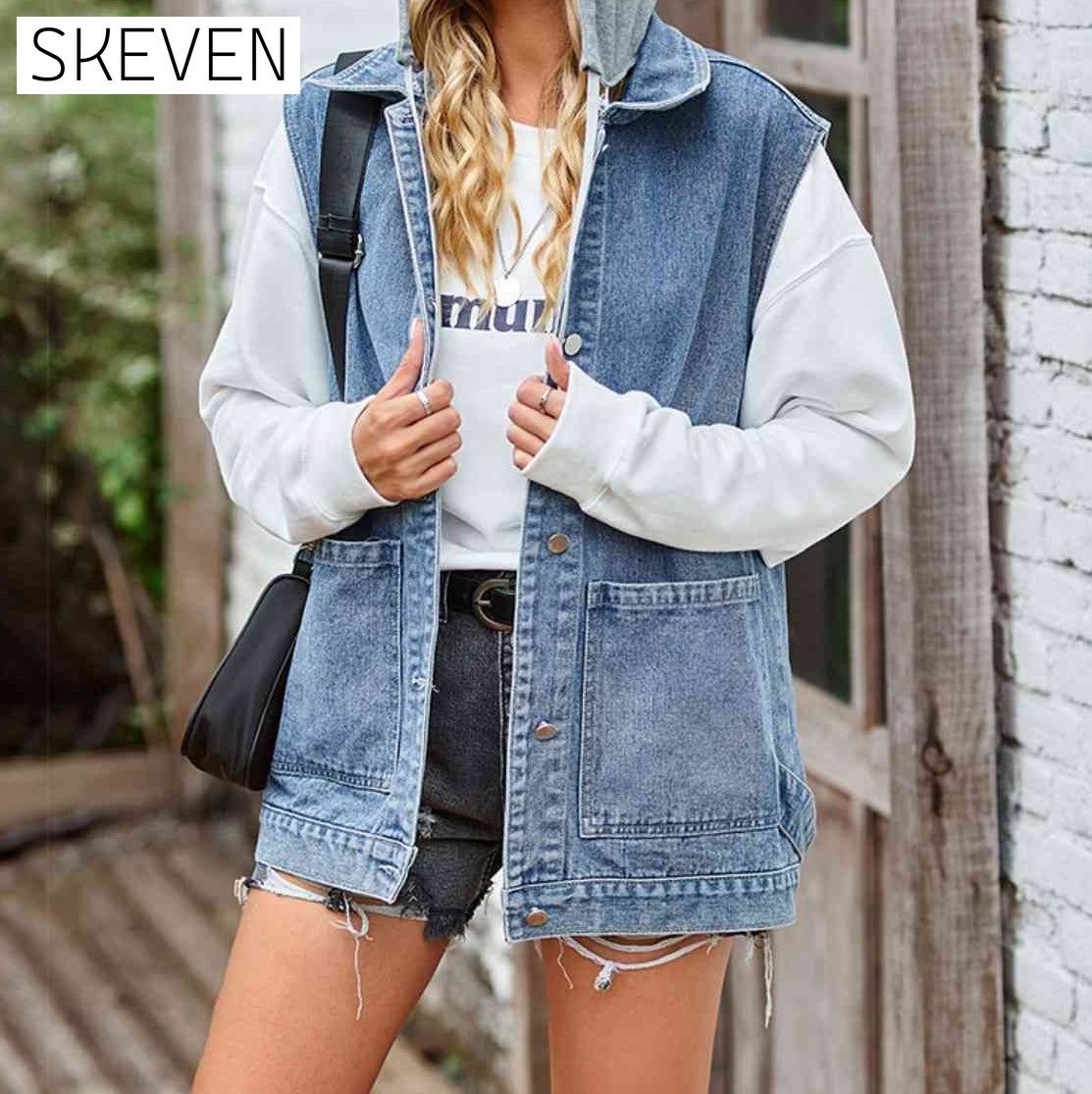 Button Up Sleeveless Denim Jacket with Pockets clothes Manny Ship From Overseas