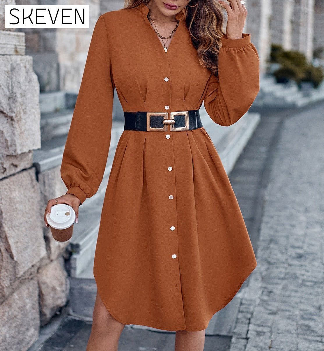 Notched Neck Long Sleeve Dress Brick Red casual dresses clothes dress dresses long sleeve dress long sleeve dresses S.N Ship From Overseas short dresses trend