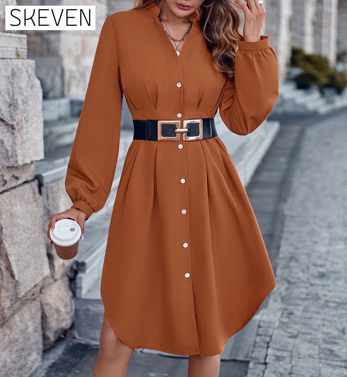 Notched Neck Long Sleeve Dress casual dresses clothes dress dresses long sleeve dress long sleeve dresses S.N Ship From Overseas short dresses trend