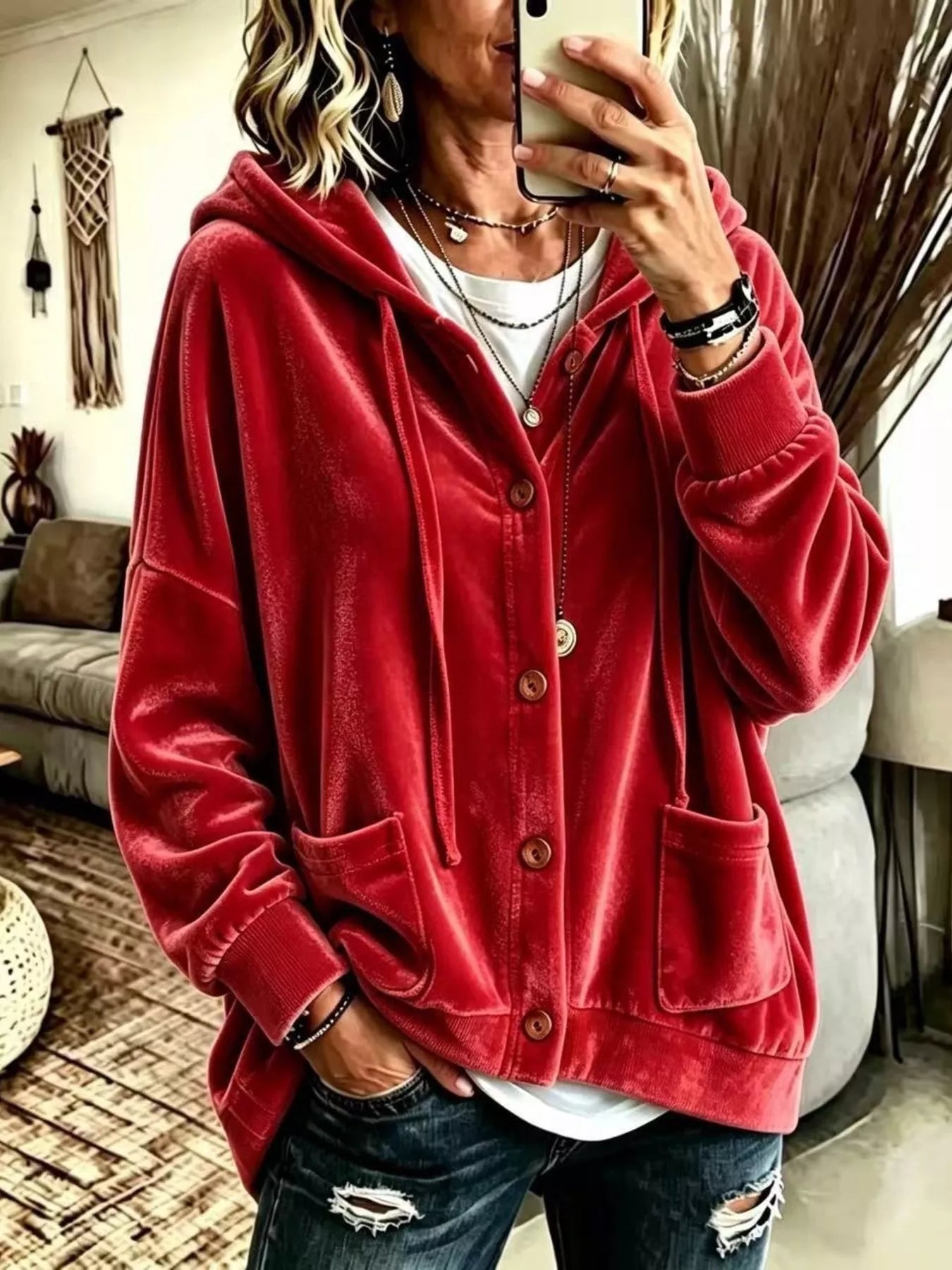 Full Size Casual Button-Down Hooded Outerwear Plus Size