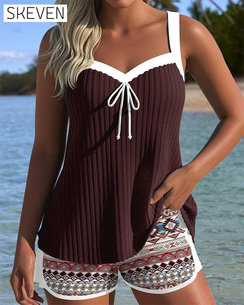 Gerippte Badeshorts, bedruckter Boxer-Tankini