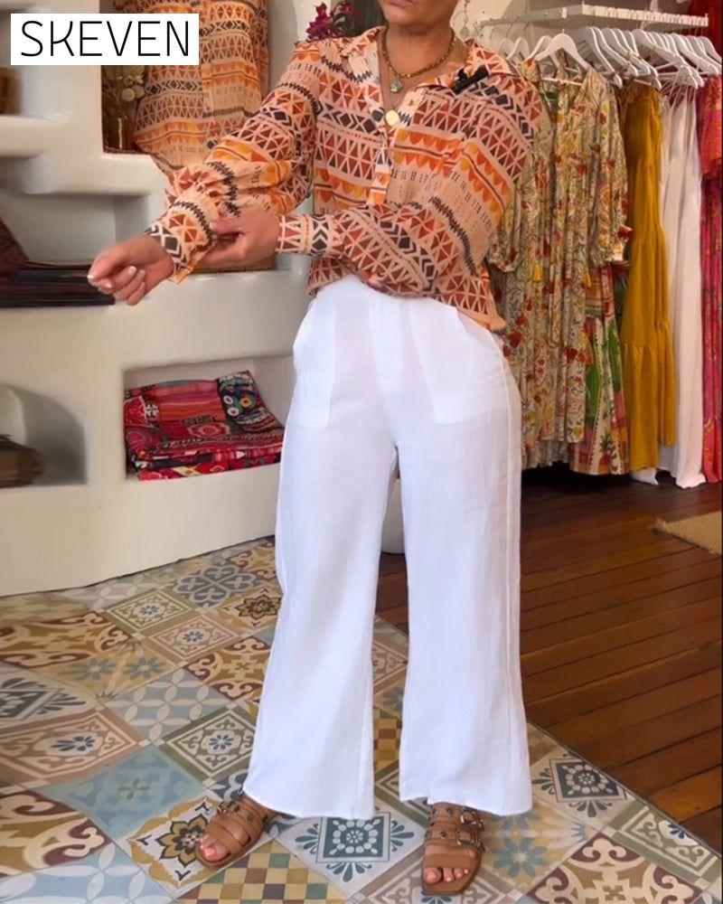 Lapel retro printed shirt