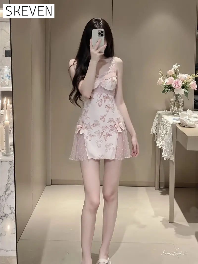 Women's Slim Fit Low V Lace-Up Butterfly Print Camisole Nightgown with Bralette and Backless Loungewear Set
