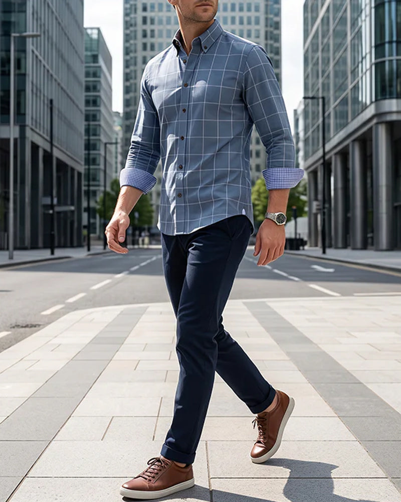 Blue and White Check Lapel Long Sleeve Shirt
