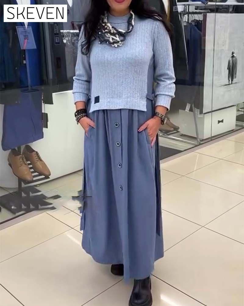 Casual Color-Blocked Round Neck Dress