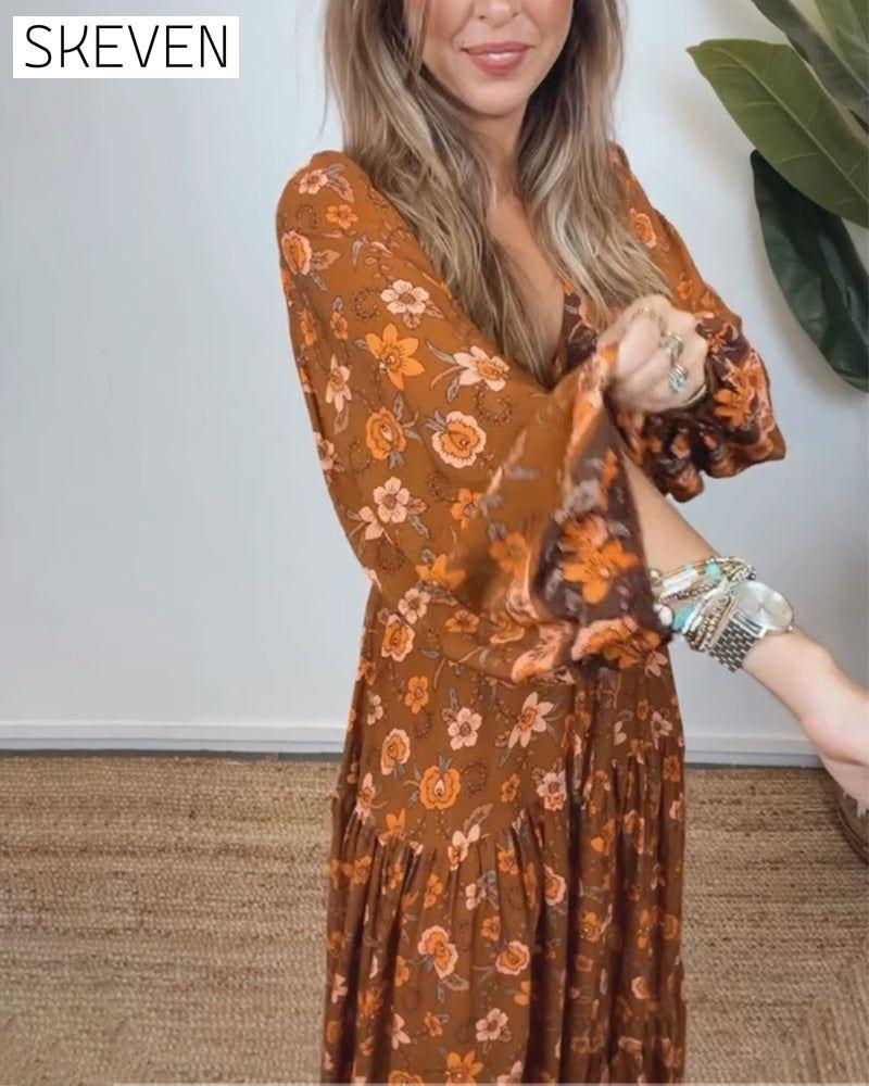 Vintage floral print V-neck lantern sleeve dress