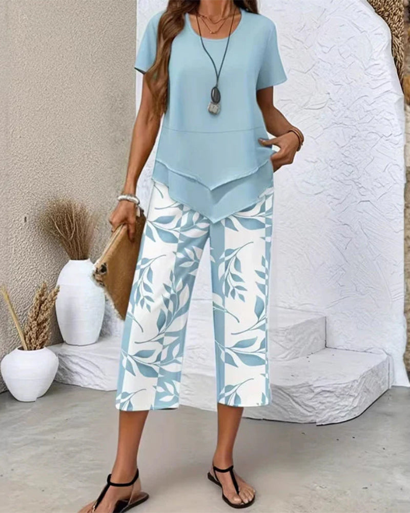 Printed Cropped Pants Casual Two-Piece Set