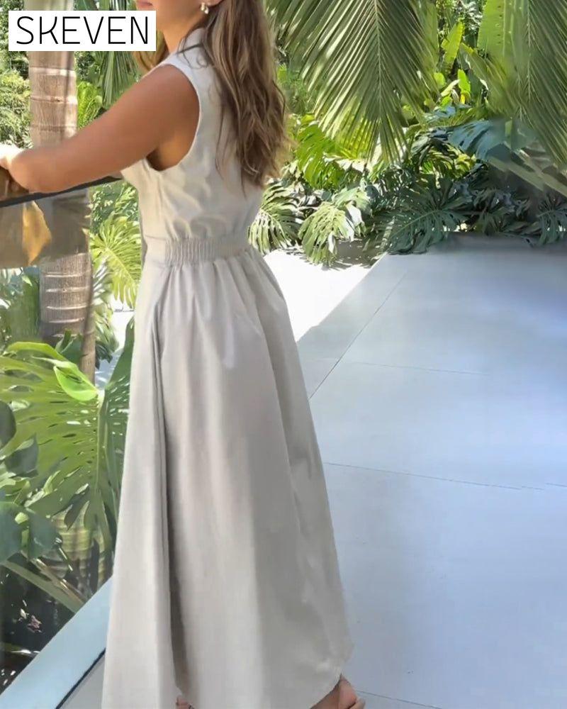 Sleeveless lapel elegant solid color dress