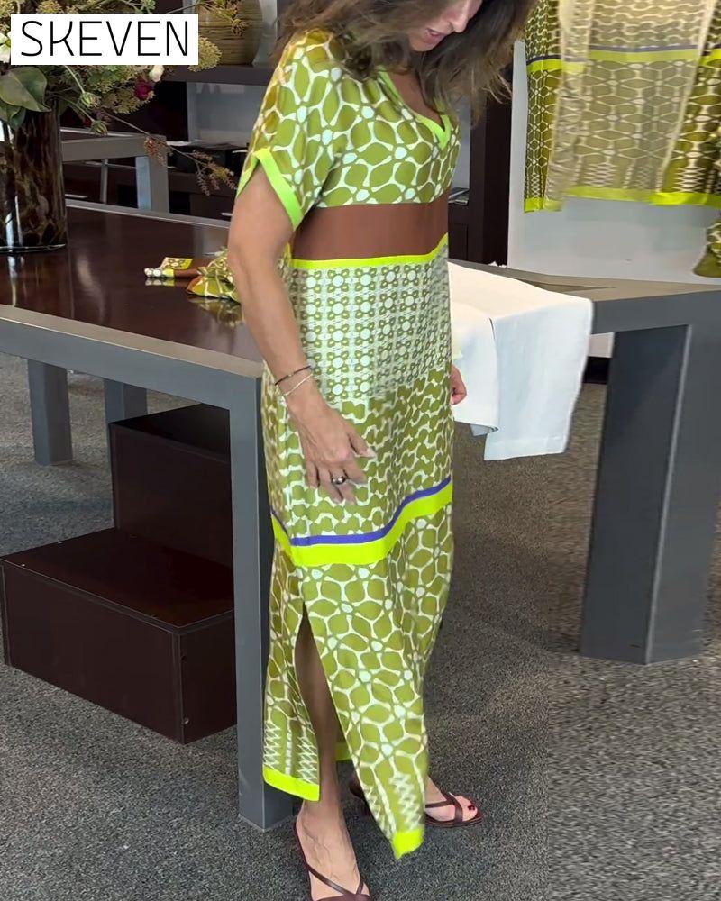 Short-sleeve V-neck contrast printed long dress casual dresses spring summer