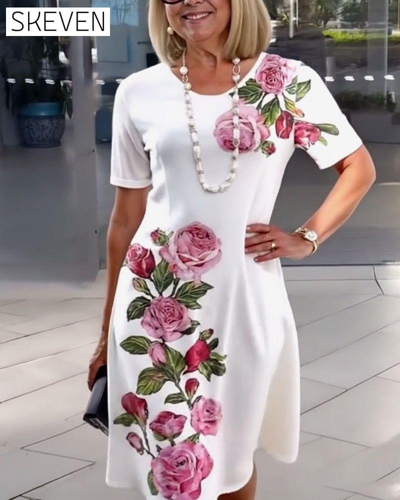 Short Sleeve Rose Print Shift Dress