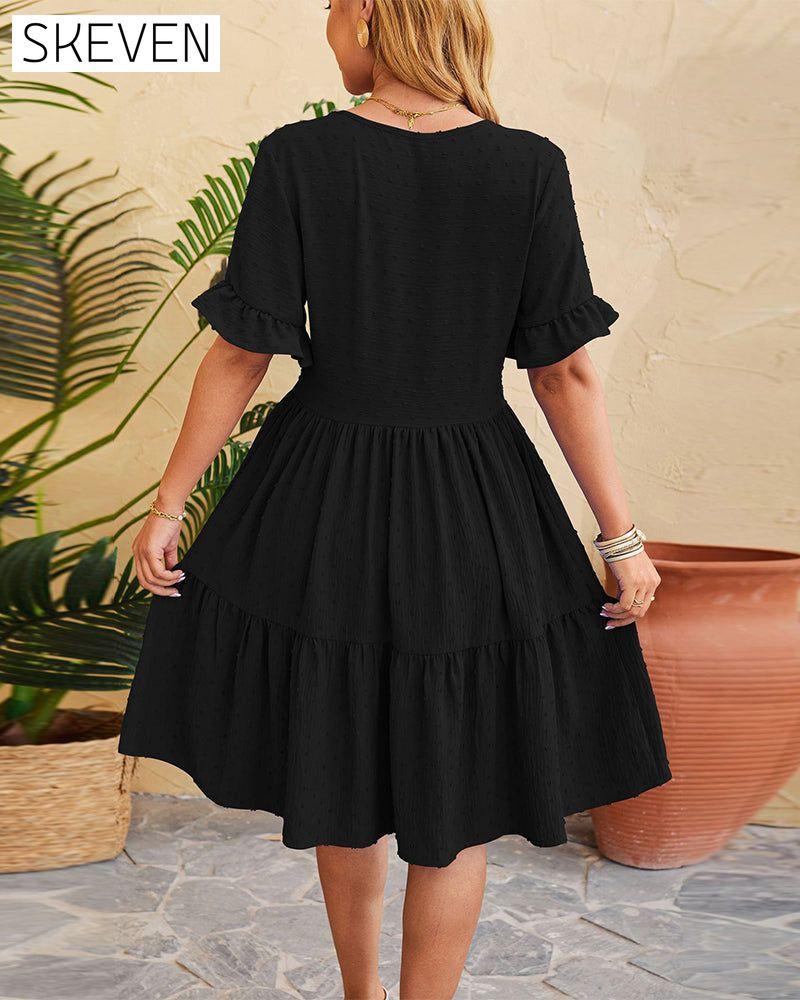 Elegantes, geknöpftes Rüschenkleid in A-Linie