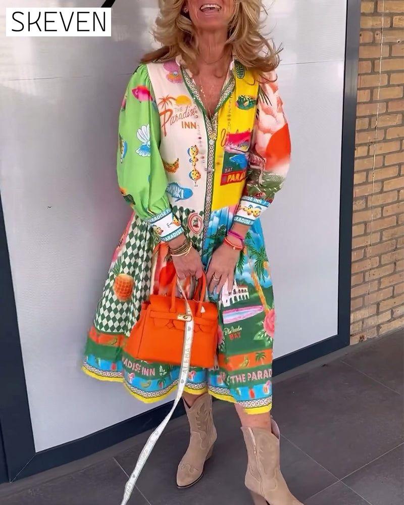 robe à manches longues imprimée colorée à revers
