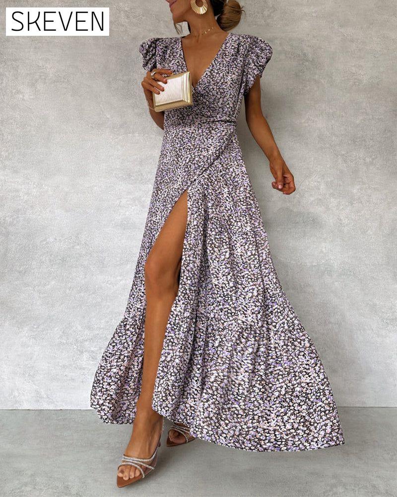 Robe élégante à manches à volants et fente