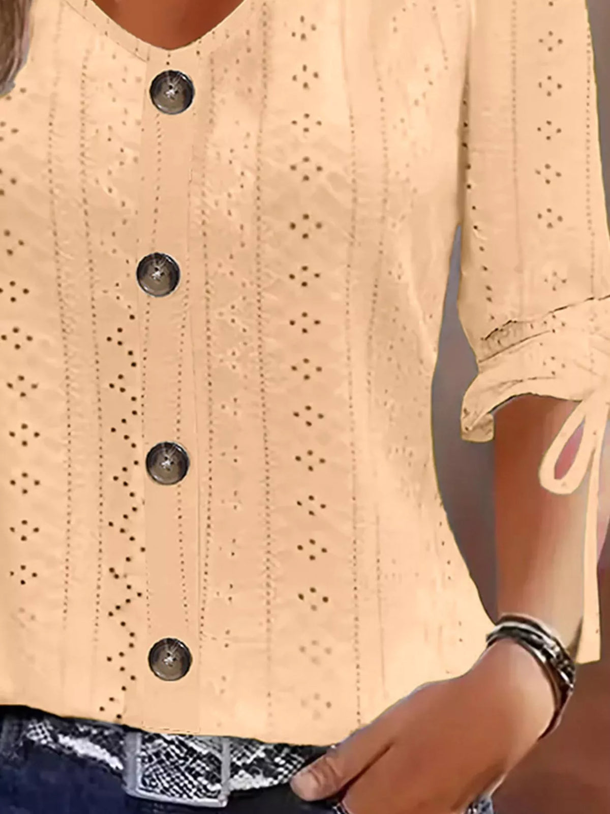 Eyelet Tie-Sleeve Detail Top