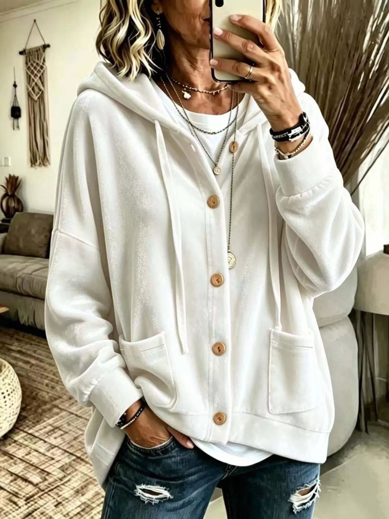 Full Size Casual Button-Down Hooded Outerwear Plus Size