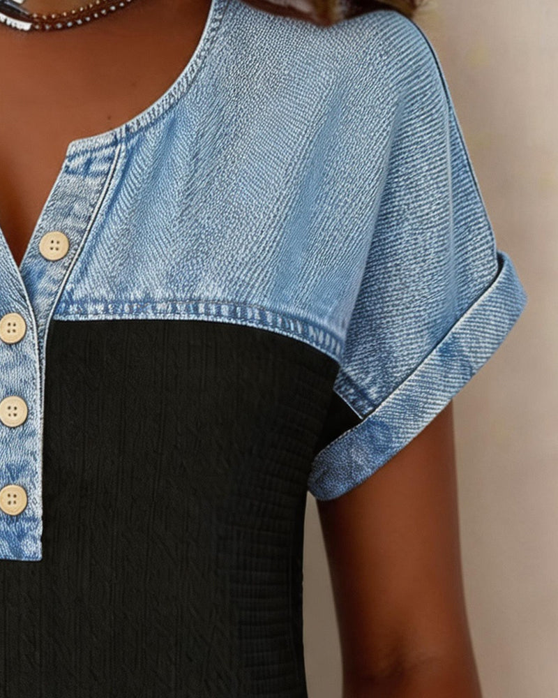 Denim Patchwork Short Sleeve Blouse