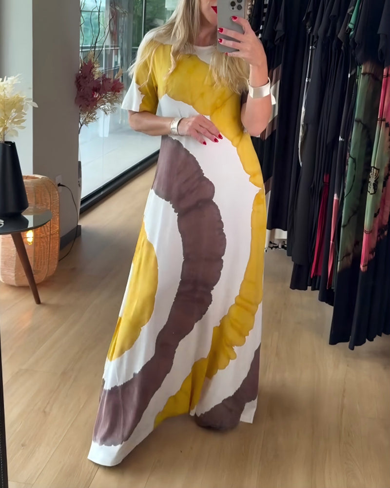 Print Round Neck Short-Sleeve Dress