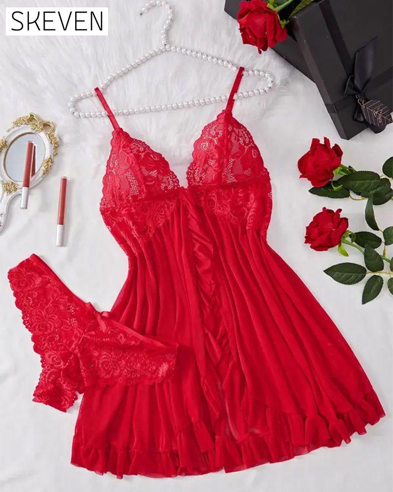 Ladies' Sexy Ruffle Trim Lace Cami Nightdress & Bow Decor Panty Set