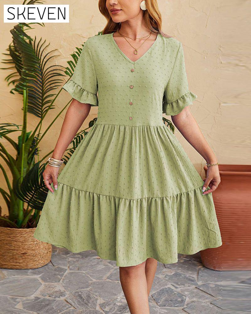 Elegantes, geknöpftes Rüschenkleid in A-Linie
