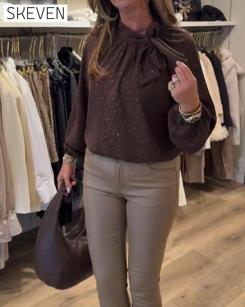 Ribbon Puff-Sleeve Shimmer Elegant Blouse