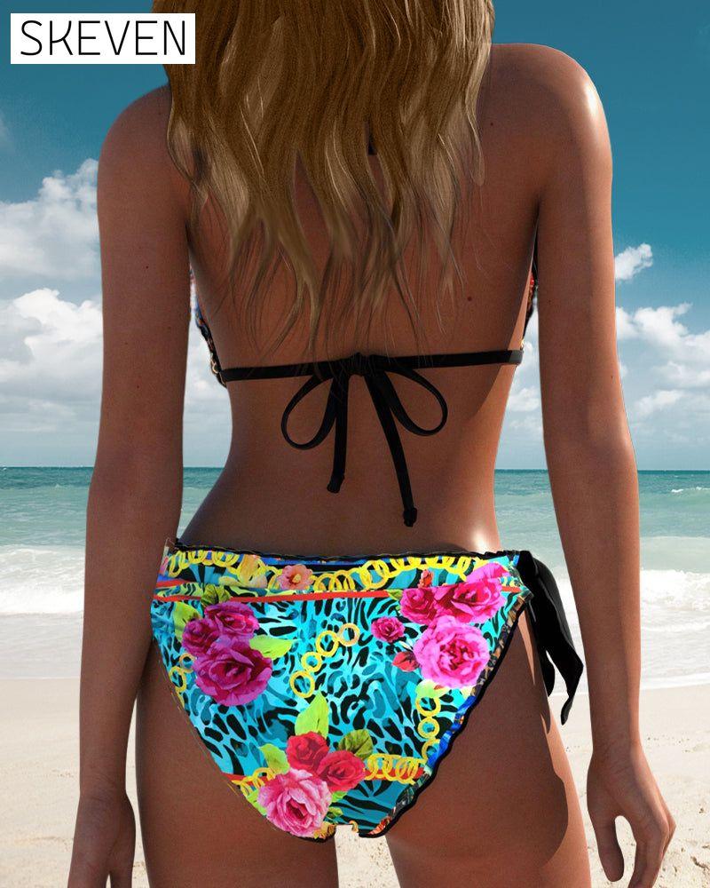 Bikini sexy à dos nu imprimé et lacets