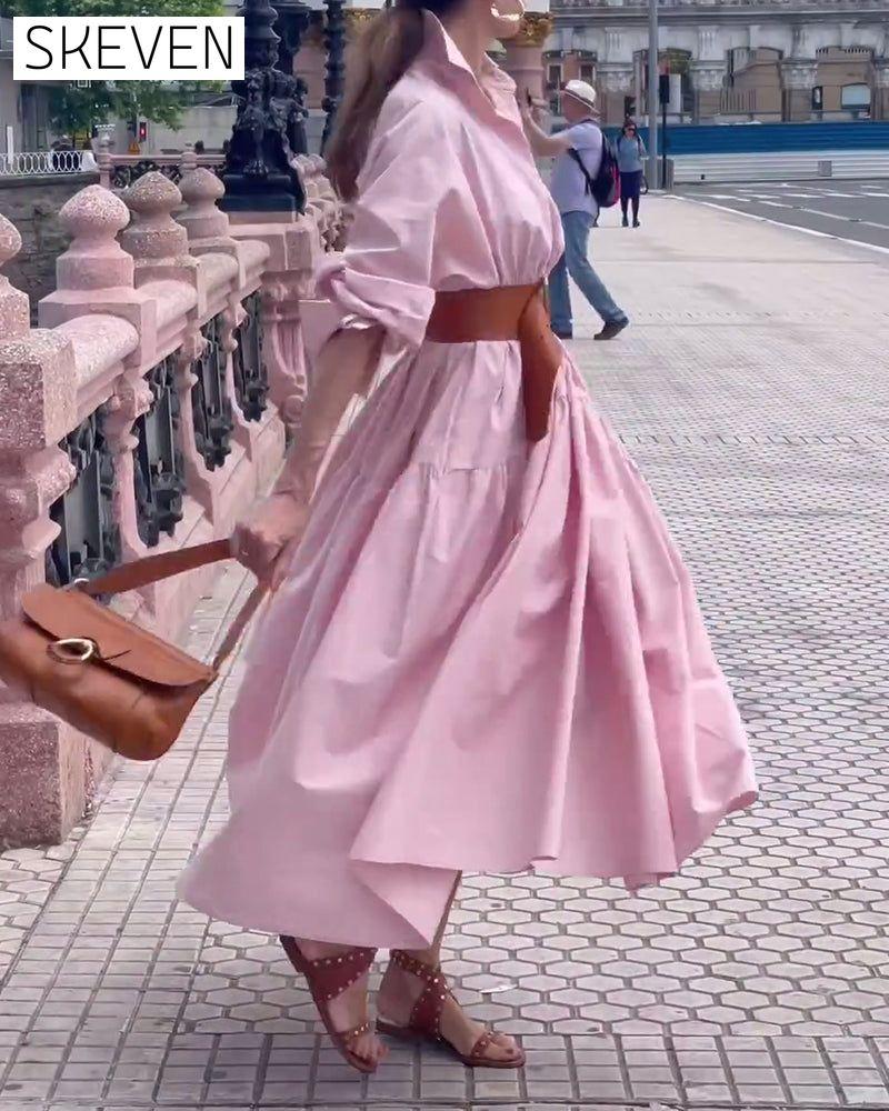 Solid color lapel wide swing dress 202466 casual dresses spring summer