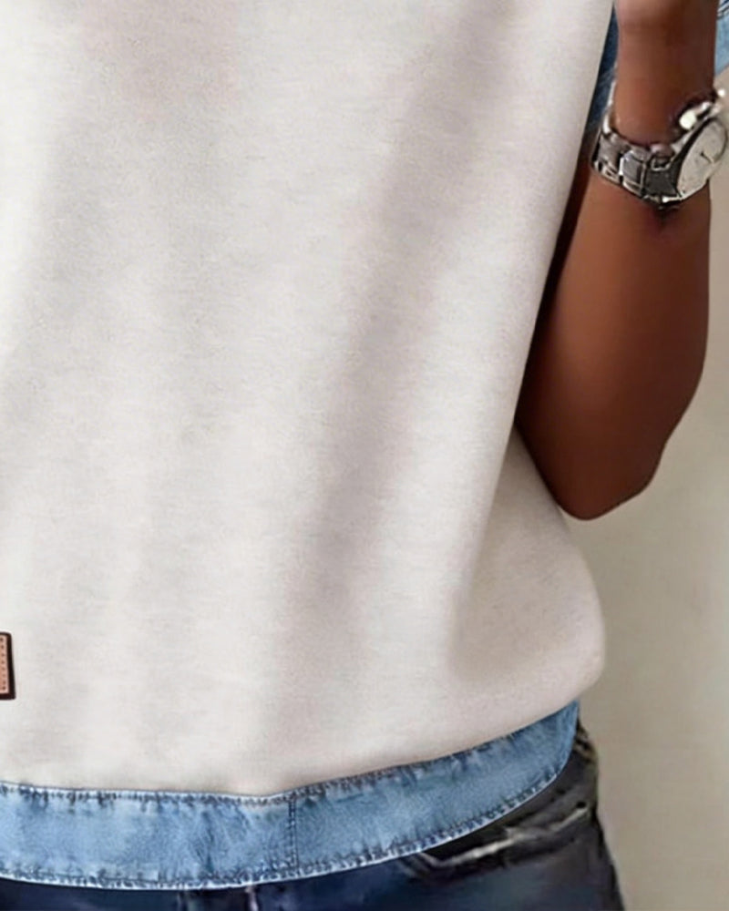 Casual Round Neck Spliced Denim Top