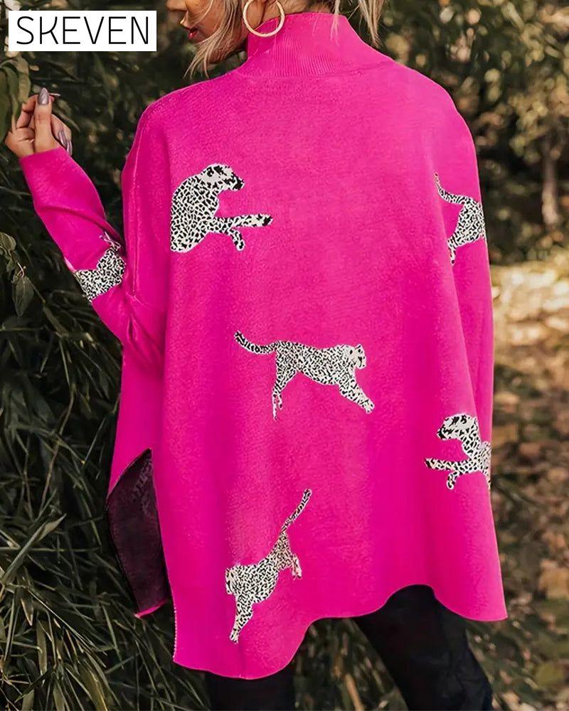 Stylish loose high neck leopard print pullover