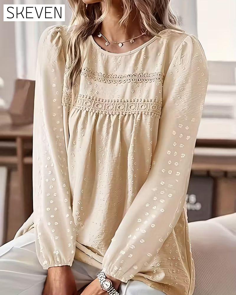 Lace Paneled Crew Neck Blouse