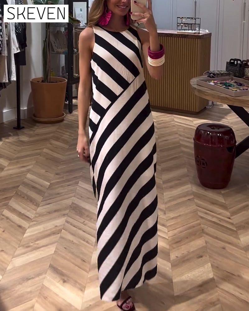 Contrast stripe print sleeveless slit dress