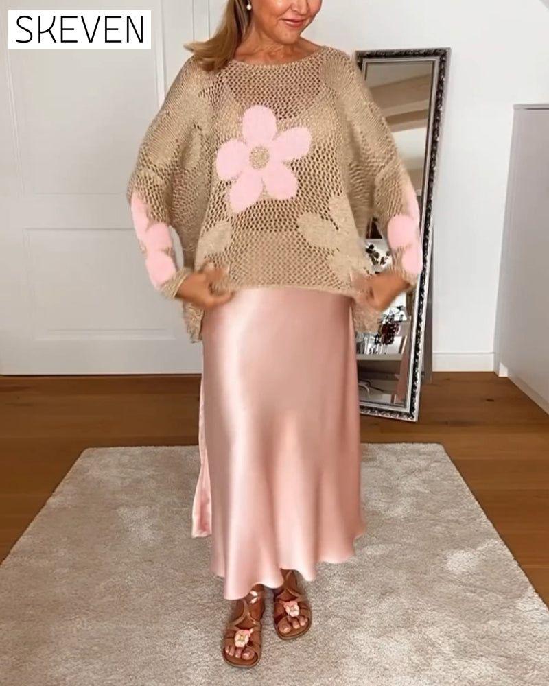 Casual floral round neck long sleeve hollow pullover 2023 f/w 202466 pullovers spring