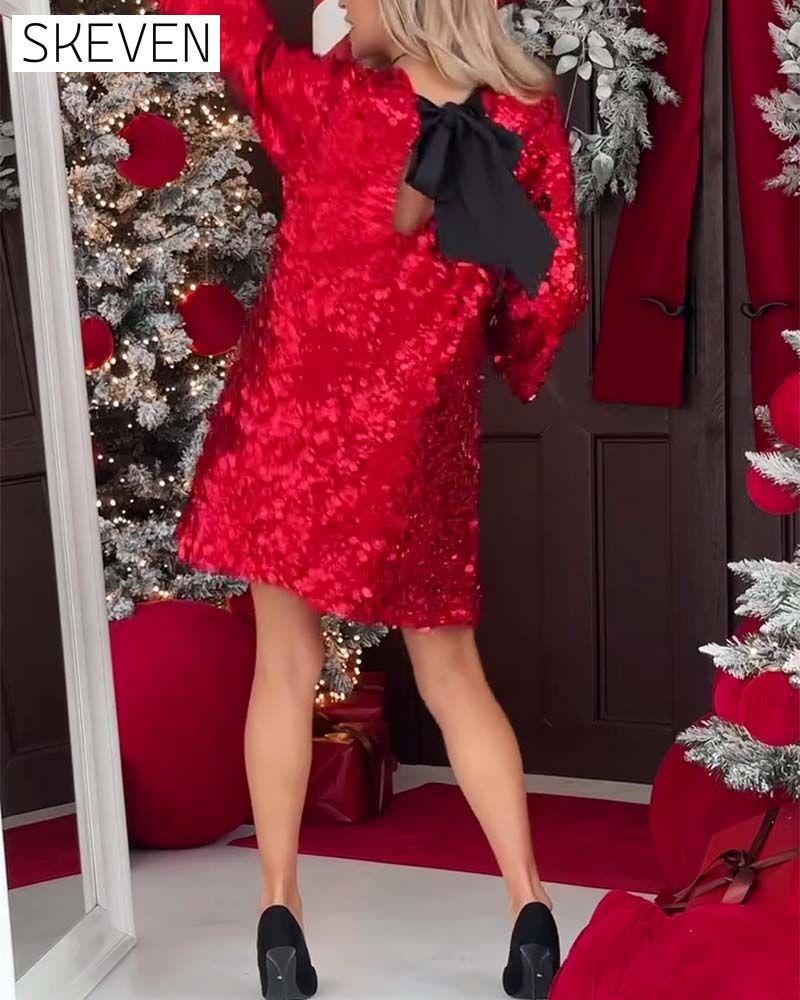 Long Sleeve Fashion Sequined Back Bow Dress