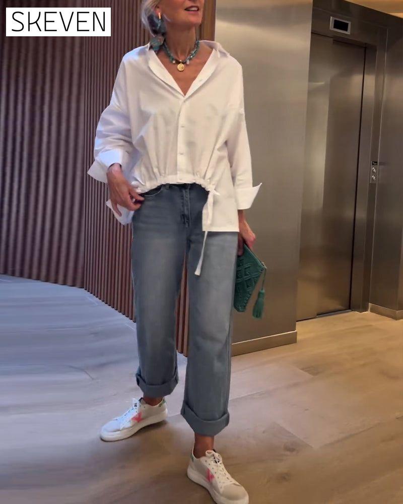 Commuting solid color lapel top Blouses & Shirts Cotton and Linen Spring