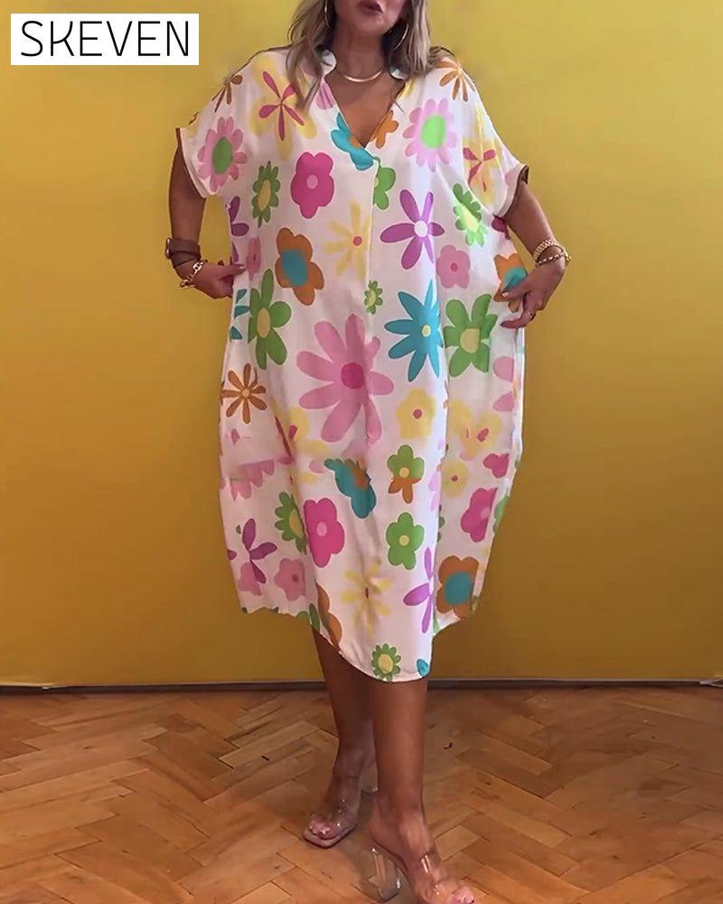 Loose V-neck floral print dress