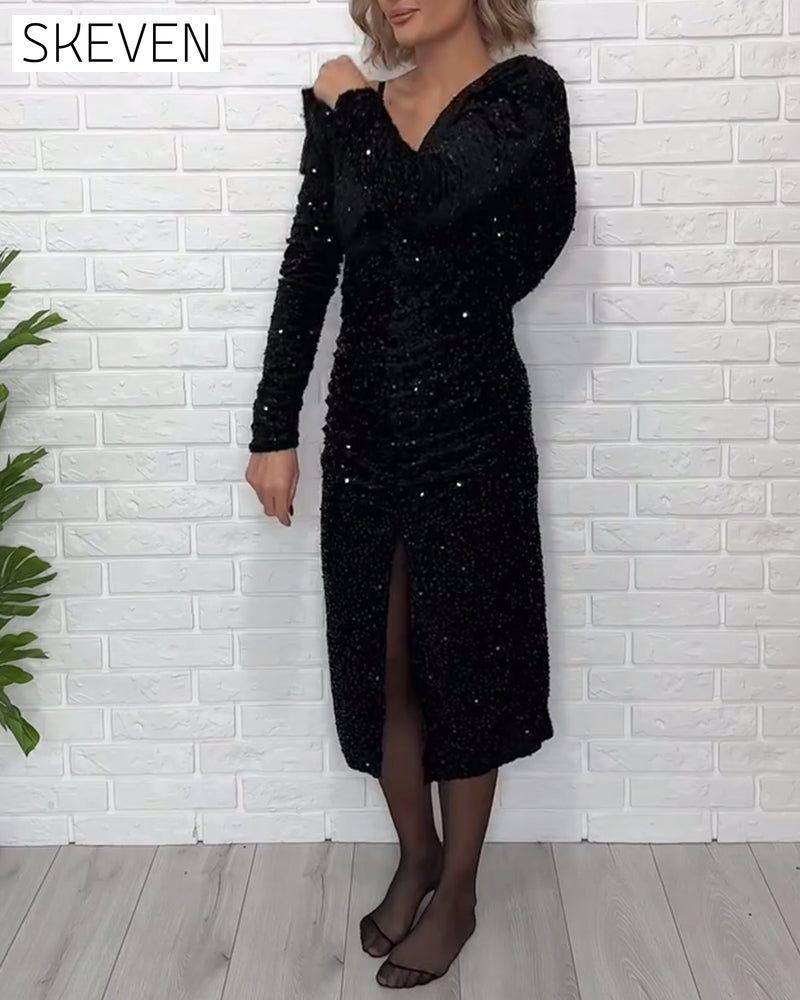 V-neck Sequined Slit Party Dress