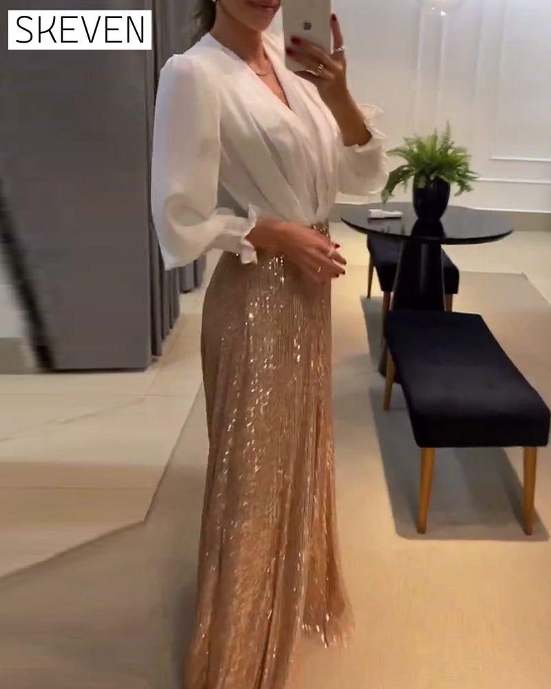 Elegant solid color V-neck lantern sleeve blouse