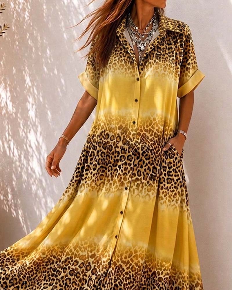 Lapel Leopard Print Gradient Shirt Dress