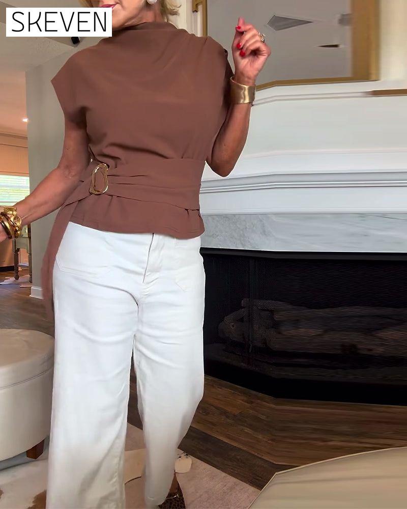 Temperament Waist Solid Color Blouse