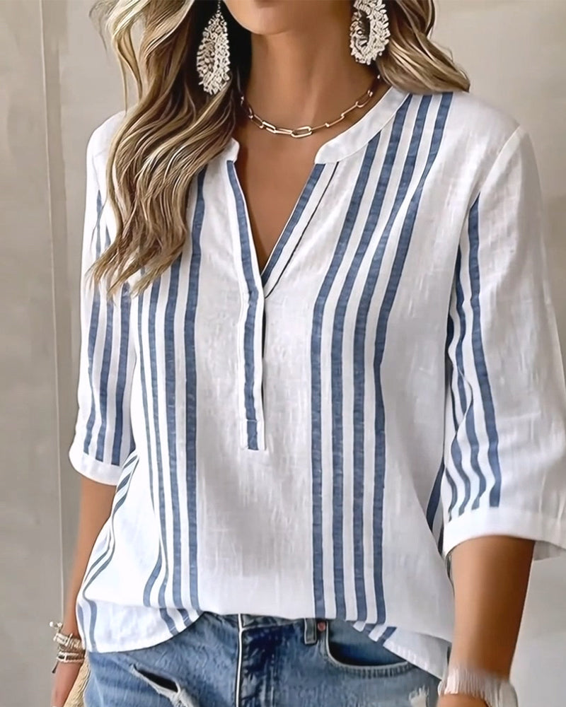 Vertical Stripe Stand Collar Blouse