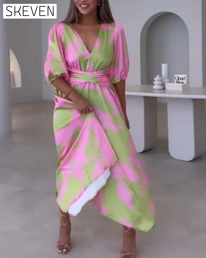 Deep V half-sleeve printed elegant dress casual dresses party dresses spring summer