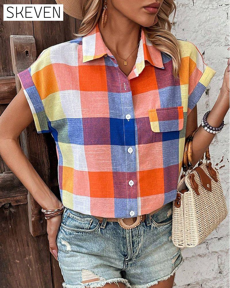 chemise décontractée à manches courtes à carreaux colorés