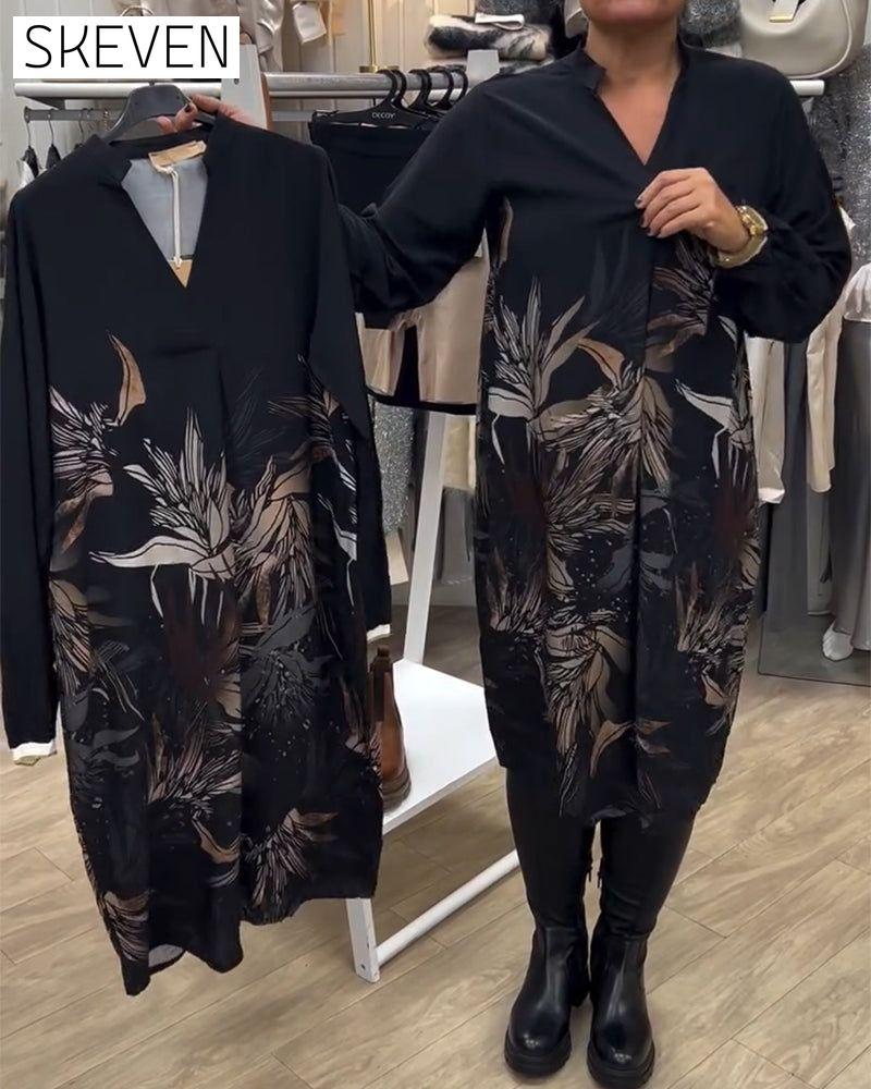 V-Neck Leaf Print Long-Sleeved Dress