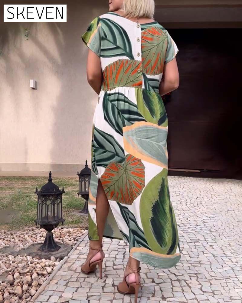 Leaf print short sleeve slit dress