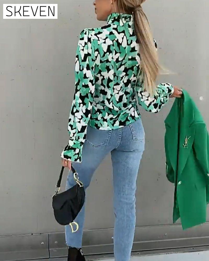 Butterfly print stand collar long sleeve shirt