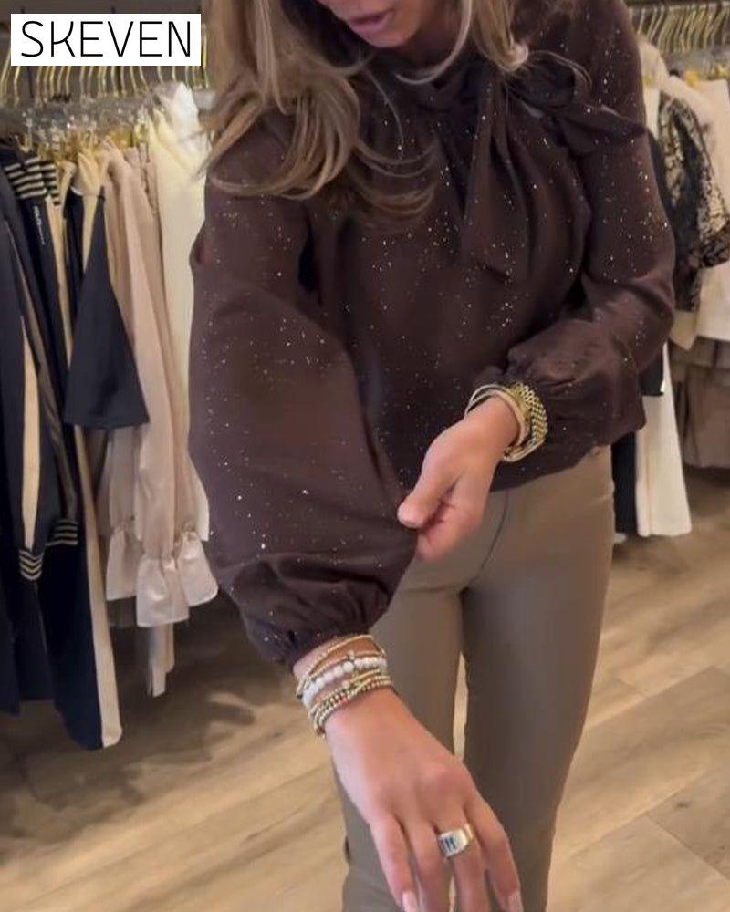 Ribbon Puff-Sleeve Shimmer Elegant Blouse